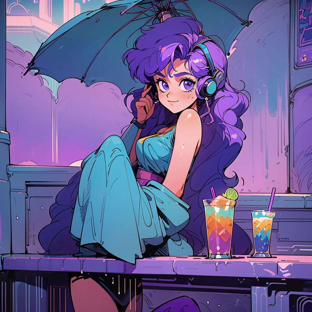 masterpiece, City Pop Style, Purple Hair, Permed long hair Wearing headphones, Shoulder length, alone, Futuristic, still, praise, Retro, Vintage, A light smile, Drinking cocktails at a 90s jazz bar, (( Wide Shot)), ((Wet day))4K