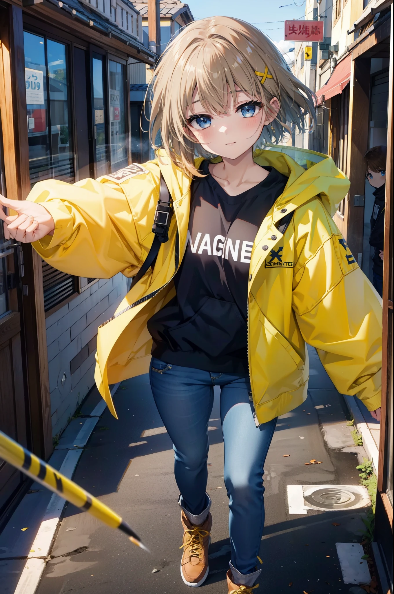 Hayate Yagami, short hair, blue eyes, Brown Hair, hair ornaments, x hair ornaments,happy smile, smile, Close your mouth,blush,Oversized yellow hoodie,jeans,short boots,Walking,whole bodyがイラストに入るように,Daytime,Cold Sky,
break outdoors, Building district,
break looking at viewer, whole body,
break (masterpiece:1.2), Highest quality, High resolution, unity 8k wallpaper, (figure:0.8), (Beautiful attention to detail:1.6), Highly detailed face, Perfect lighting, Highly detailed CG, (Perfect hands, Perfect Anatomy),