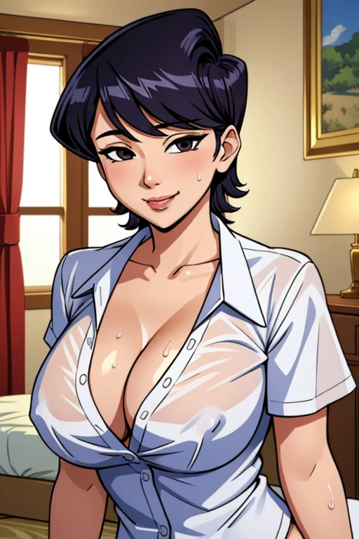 (masterpiece, best quality), intricate details, 1girl, komi shuuko, white shirt, love hotel, seductive smile, cleavage, sweaty,