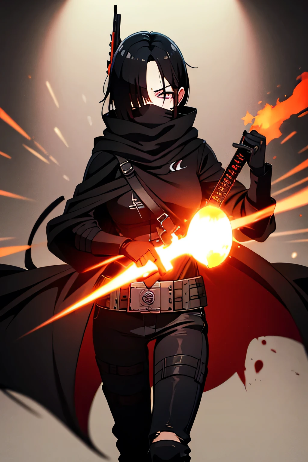 High quality, 4k, hd, black hair, female, holding a gun with rounds, demonic eyes, black military outfit, masterpiece, grim background, 1 girl , glowing orange eyes Naruto style, blood drenched clothes, sword on her back, mask covering mouth, two different eye colors, right eye glowing orange, left eye glowing blue, steam coming out of eyes, scar down one eye