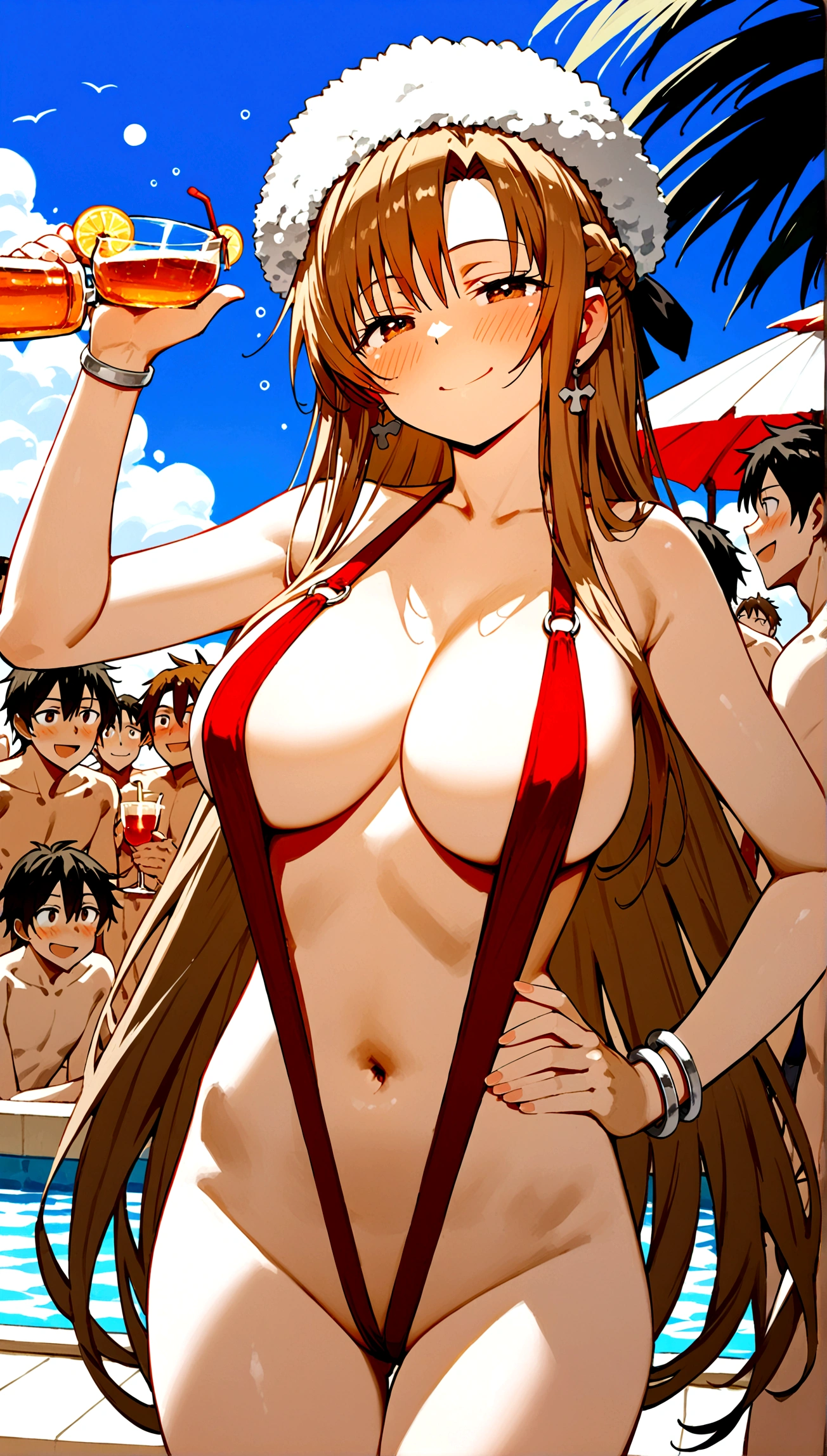 score_9,score_8_up,score_7_up,18 year old,female focus,1girl,asuna \(sao-alo\), sword art online,yuuki asuna,nsfw,brown eyes, brown hair, long hair, bangs, braid,standing,legs up,hand on hip, holding cup,drunk-smirk,blush,large breasts,brown hair,parted hair,long hair,red Slingshot swimsuit,plunging neckline,center opening,cleavage,navel,earrings,bracelet,pool-party ,multiple-black people,surrounding by trong boys(rape maniac)