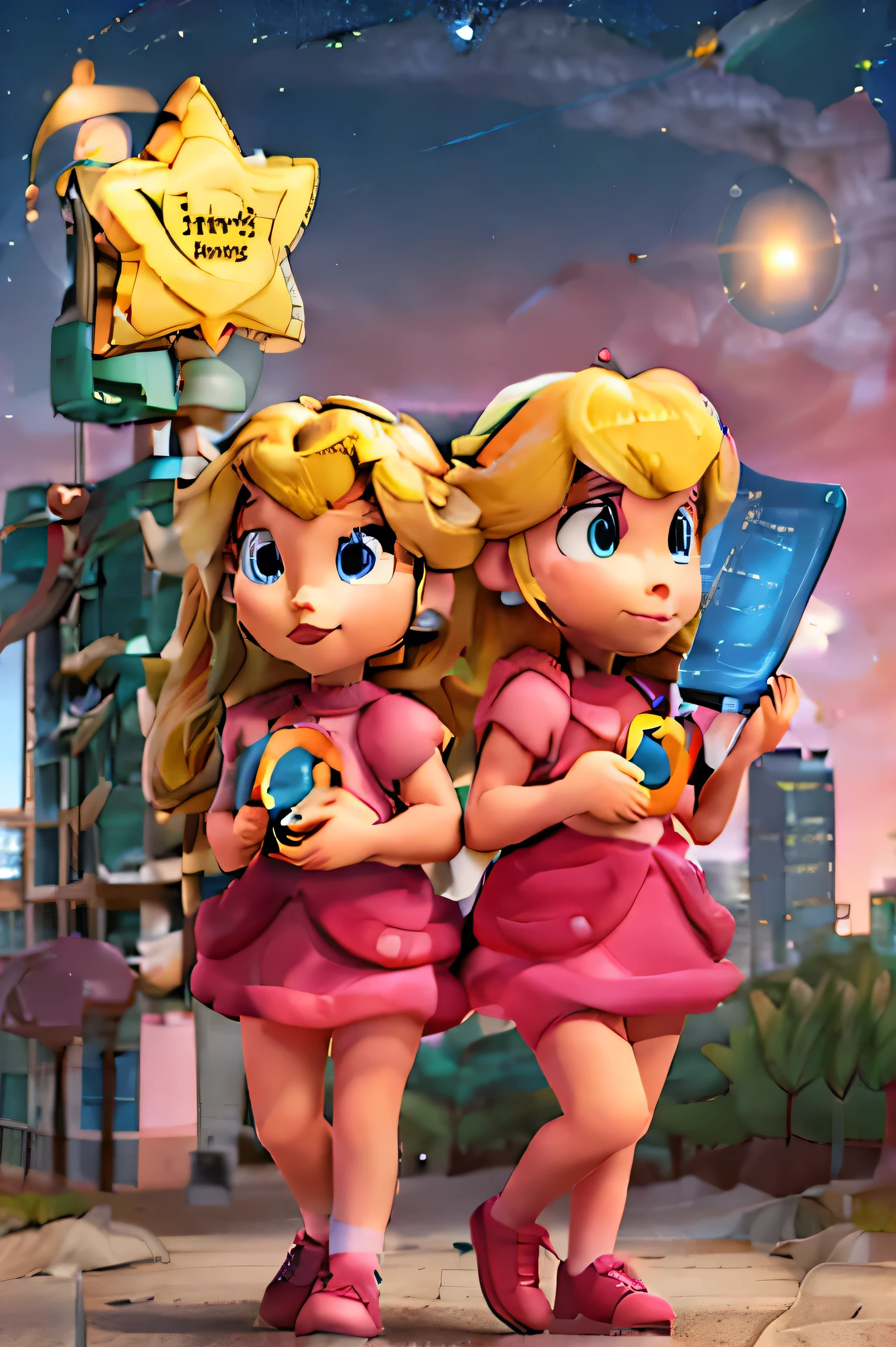 Two girls clutching a pink star, in the background the city of new york and a sign on a screen saying starPixel studio