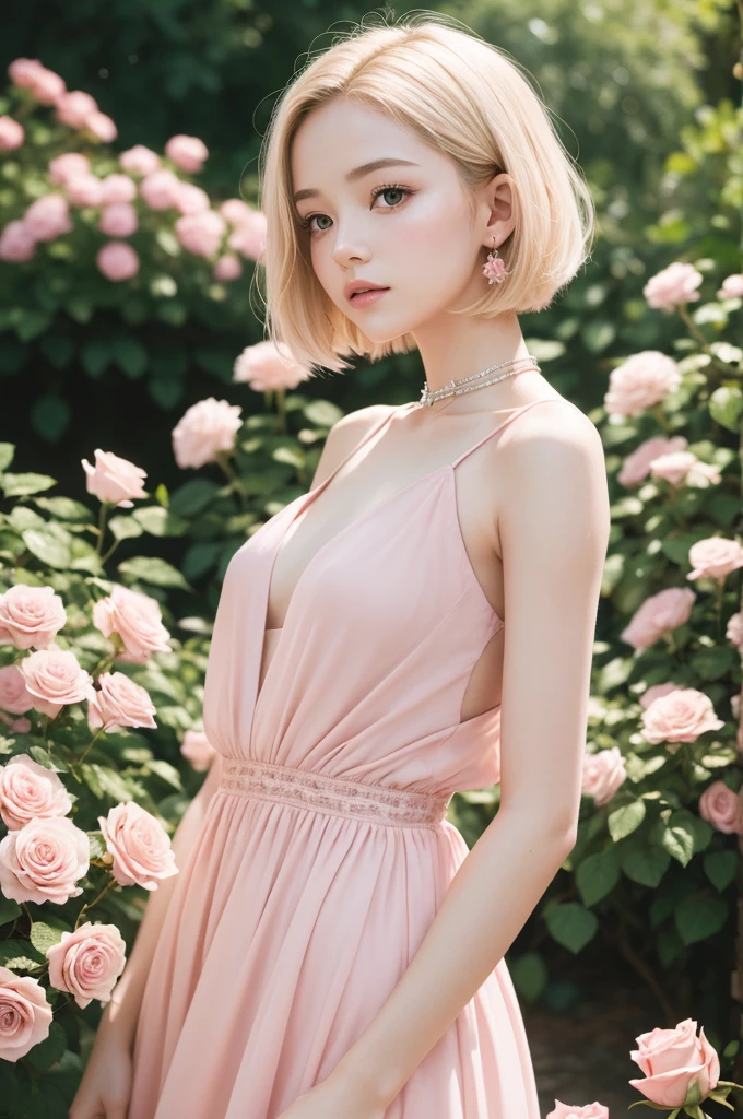 8k, CRU photo, Fujifilm, style photo of a beautiful young woman like Avril in a light pink rose garden (highly detailed skin: 1.2) Style-Petal BREAK short hair, blonde hair with colored highlights, wearing a dress, film grain, 35mm, cute style