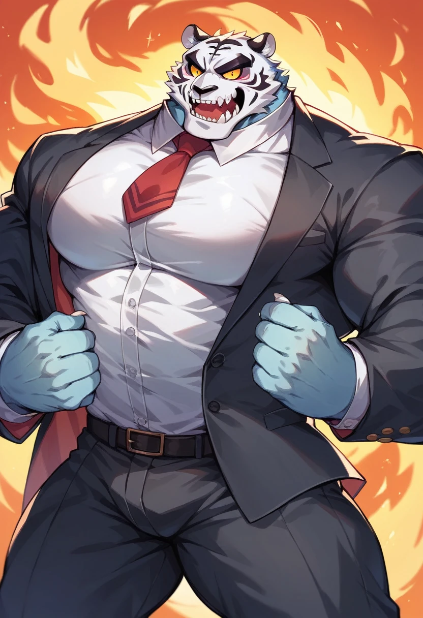 Ghost tiger, muscled with huge pecs , hugge torso , huge arms , with a skull head like  with fire , in suit with a tie ans spikes