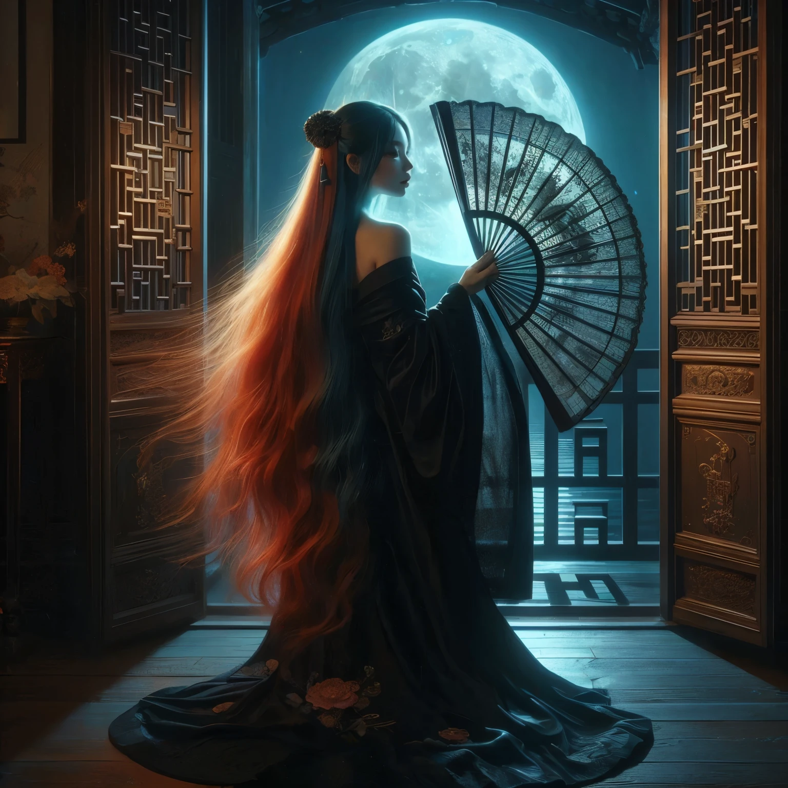 An ultra beautiful Asian woman long red-golden blue hair, holding a very ultra ornate long black ancient liquored Asian fighting fan, wearing a long black Chinese womans dressing gown, in a darkened room of moonlight streak in through the opened balcony window, Chinese garden, night sky, black ink, in the style of Caravaggio, Fan Zhongzheng, and Da Vinci, 8k resolution, hyperdetailed, photorealistic, an oil painting art style, Sfumato,