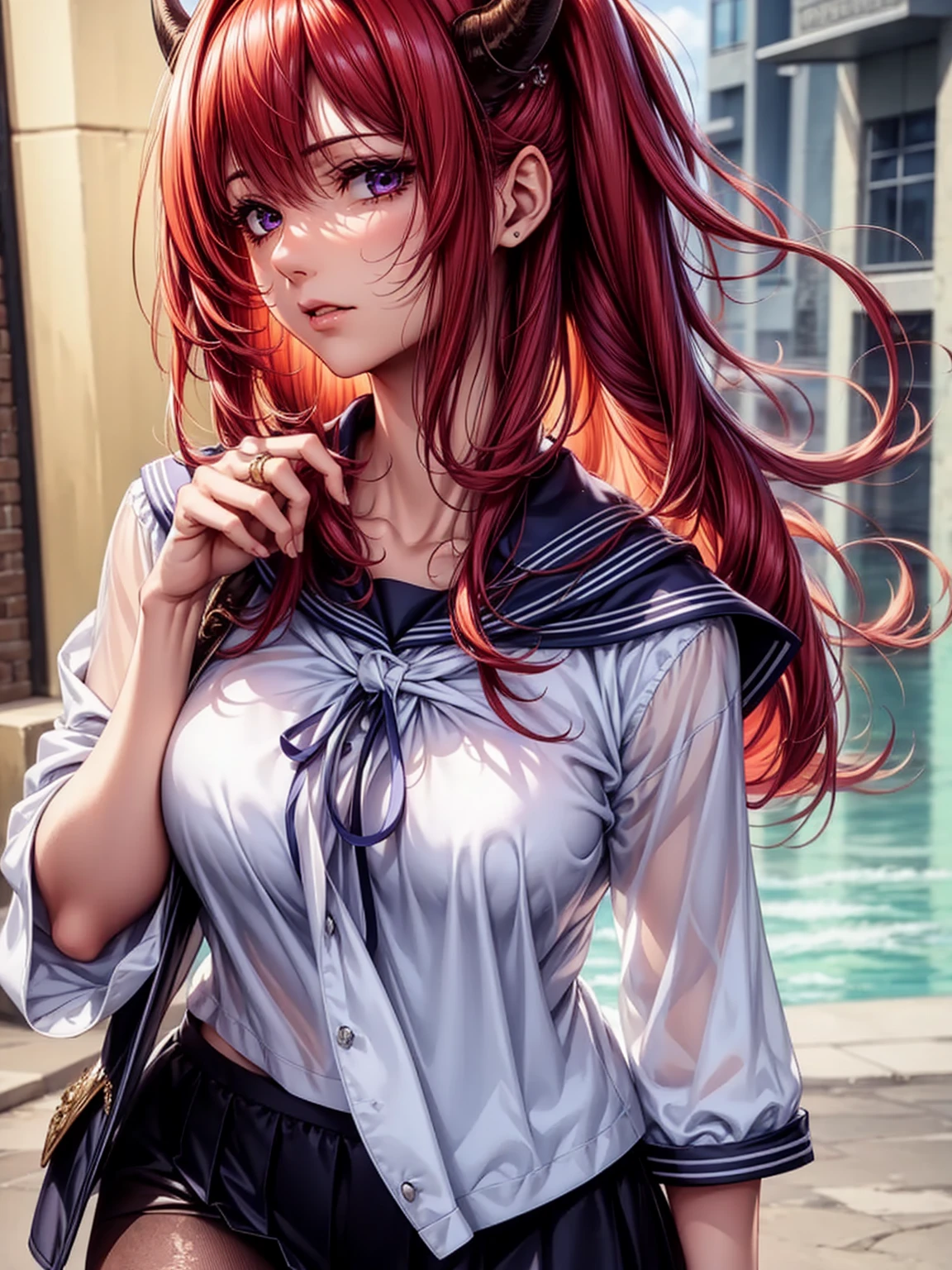top-quality、tmasterpiece、Very high resolution、super high image quality、High-quality pixels)、perfect eyes, perfect face, perfect body figure,solo,8K, large breast,(Detailed description of hair), (Detailed description of face),(Detailed description of body), fair and clear skin, matchless beauty, long legged, red hair details expressed, The details have been upgraded,opaque purple eyeball color, horns, bangs, hair_between_eyes, cleavage, demon_horns, bare neck,cowboy shot,tall,sailor costume,