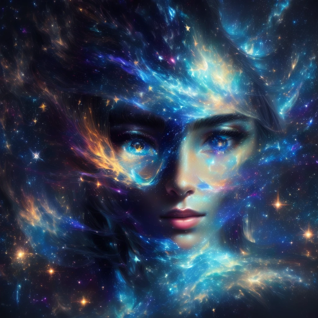 a close up of a woman's face with stars in the background, portrait of a cosmic entity, portrait of a cosmic goddess, face melting into the universe, in the astral plane, portrait with galaxy, stars in her gazing eyes, astral appearance, goddess of galaxies, goddess of space and time, cosmic goddess, astral ethereal, cosmic girl