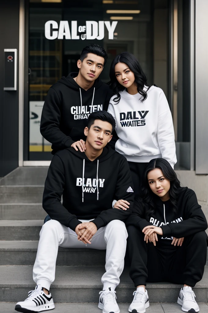 A couple a couple of a man and a woman holding hands where the man is of Chinese appearance with white skin, dark hair, he is wearing a black sweatshirt with white letters that say black-A, black pants, black Adidas shoes, the woman has dark skin, hair black wavy is wearing a white sweatshirt with letters that say white-i white pants shoes lying down and behind them a sign that says call of duty