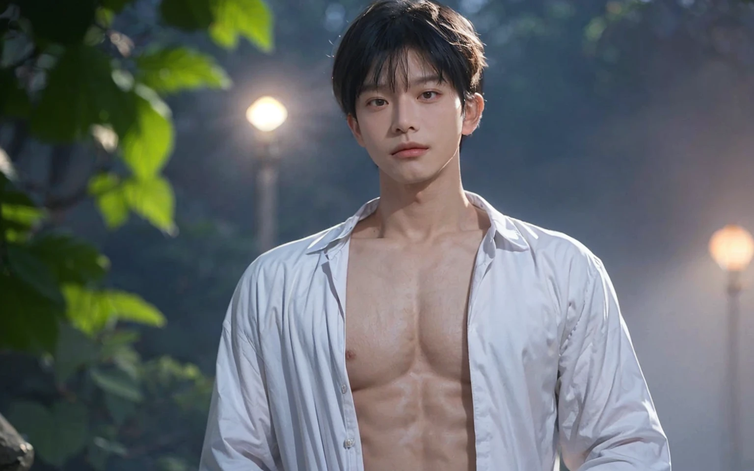 A handsome young Chinese man stands by the Jiande River at dusk, with a gentle mist rising from the water. He has a thoughtful expression, his gaze directed towards the horizon. His hair is straight with natural bangs, and his face is clean-shaven, giving him a youthful and fresh appearance reminiscent of popular social media influencers.

The composition is designed from a "boyfriend perspective," with the young man in a sensual pose, focusing on his chest and face, and using a POV from below to create a dynamic and immersive effect. This perspective enhances the intimate and engaging quality of the artwork.
A soft illustration bathed in twilight hues of cool blues and purples, creating an ethereal dreamland. The artwork, in the style of Guweiz, The romanticism art style emphasizes the tranquil beauty of this fantasy realm, inviting viewers into a world of wonder and mystique, all highlighted by a glowing, soft aesthetic,
((depth of field)),((open and vast place)),telephoto lens,(((close-up))),(chest focus),(((perspective from below))),(simple background),(simple color),((blurry)),(horizon),
 1boy,cool guy,peaceful,((floating short hair)),((((bangs)))),(((soft clean hair))),(((silky skin))) ,((smooth skin)) ,clean body,(clean face),((smooth face)),(natural pretty face),((adam's apple)),((looking at you)),((solo)),(age),(wind),(chin up),(hopeful),
((skin tight open shirt)),(mini white shirt),see-through,
(narrow waist),slender waist,muscular,(broad shoulders),((huge wide chest)),(((huge plump chest)))