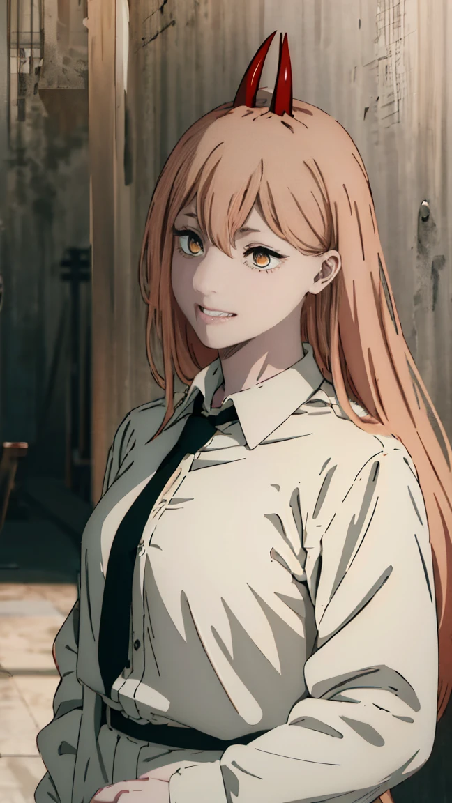 (Best quality), (masterpiece), (only), 1 girl, Maybe_XM, peach hair, yellow eyes, cross-shaped pupils, pupils in the form of symbols, red horns, white button up shirt, black tie, sharp teeth, smile, long hair, whole body