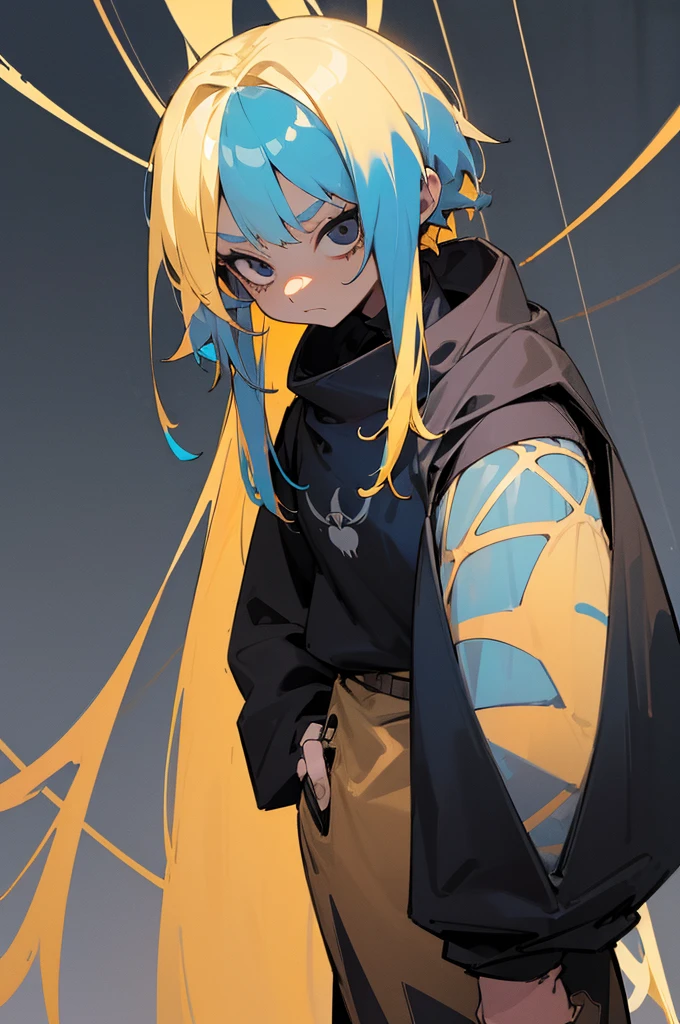 1girl, tan skin, (ombre blonde to blue hair:1.5), spider girl, 4 eyes like a spider, all black eyes, demonic, clothing design, tomboy, standing, black and grey clothing, blue accent color, chill expression, blank white background