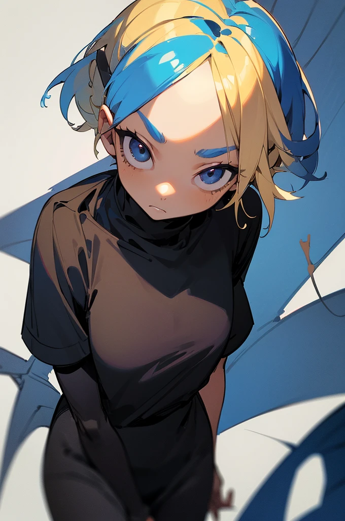 1girl, tan skin, (ombre blonde to blue hair:1.5), spider girl, 4 eyes like a spider, all black eyes, demonic, clothing design, tomboy, standing, black and grey clothing, blue accent color, chill expression, blank white background