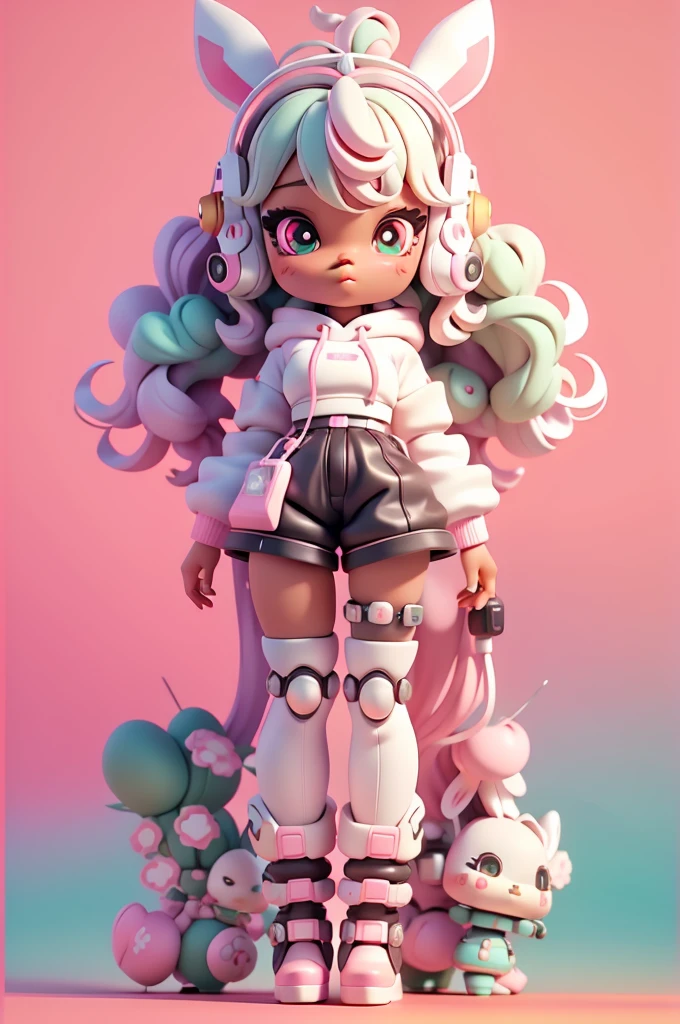  (full body);Create a series of cute black afro dolls chibi style afro skin; cyberpunk style; 3d; cute; 3d toy art; toy art; anime style; glitter; color pink; color white; Bunny details; cyberpunk details; robot limbs; wavy and curly hair; eyes must be large and apathetic, with long eyelashes and slightly pinkish cheeks; mechanical bunny eared headset; use all of the colors listed: pink, white, green, yellow, and orange; She must secure robot bunnies ; mechanical boots; 3d toy art; toy art; anime style; glitter; gundam mechanical suit; cyborg style; a lot of wires; oversized cyberpunk hoodie;