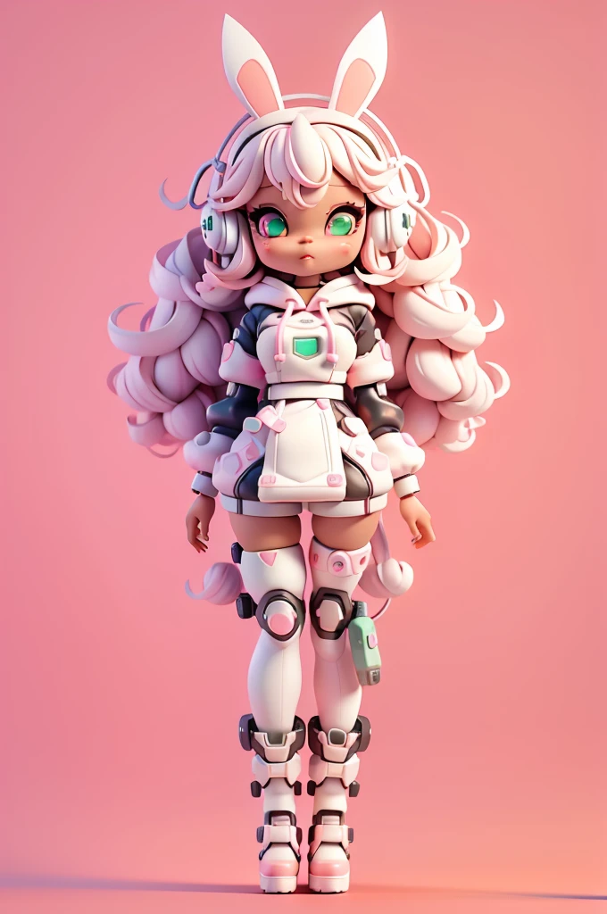  (full body);Create a series of cute black afro dolls chibi style afro skin; cyberpunk style; 3d; cute; 3d toy art; toy art; anime style; glitter; color pink; color white; Bunny details; cyberpunk details; robot limbs; wavy and curly hair; eyes must be large and apathetic, with long eyelashes and slightly pinkish cheeks; mechanical bunny eared headset; use all of the colors listed: pink, white, green, yellow, and orange; She must secure robot bunnies ; mechanical boots; 3d toy art; toy art; anime style; glitter; gundam mechanical suit; cyborg style; a lot of wires; oversized cyberpunk hoodie;