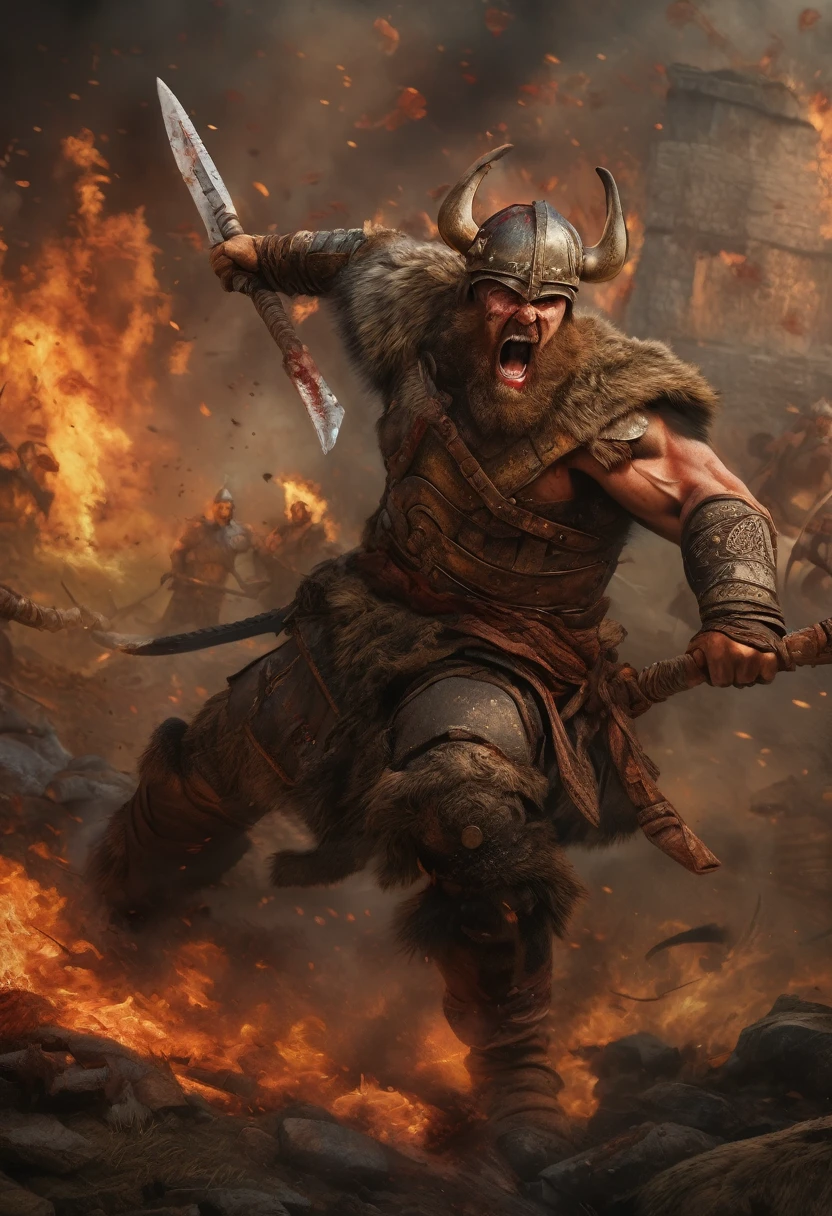 (Award-winning masterpiece:1.5), (incredible detail), (hyper realistic:1.4), (whole body:1.7), (brutal creature being struck down), (viking warriors with bloodied weapons), (creature's roar of agony), (detailed depiction of the final strike), (dramatic lighting), (intricate details:1.1)