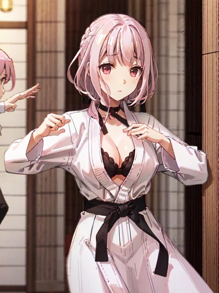 karate、bangs bangs、セミロングヘアー、Bangs、dojo、The gi is 、are fighting、The  is fluttering、 is slightly visible、I can see the 、I can see your 、I can see the side、Pink Hair、Medium Hair、Black ribbon