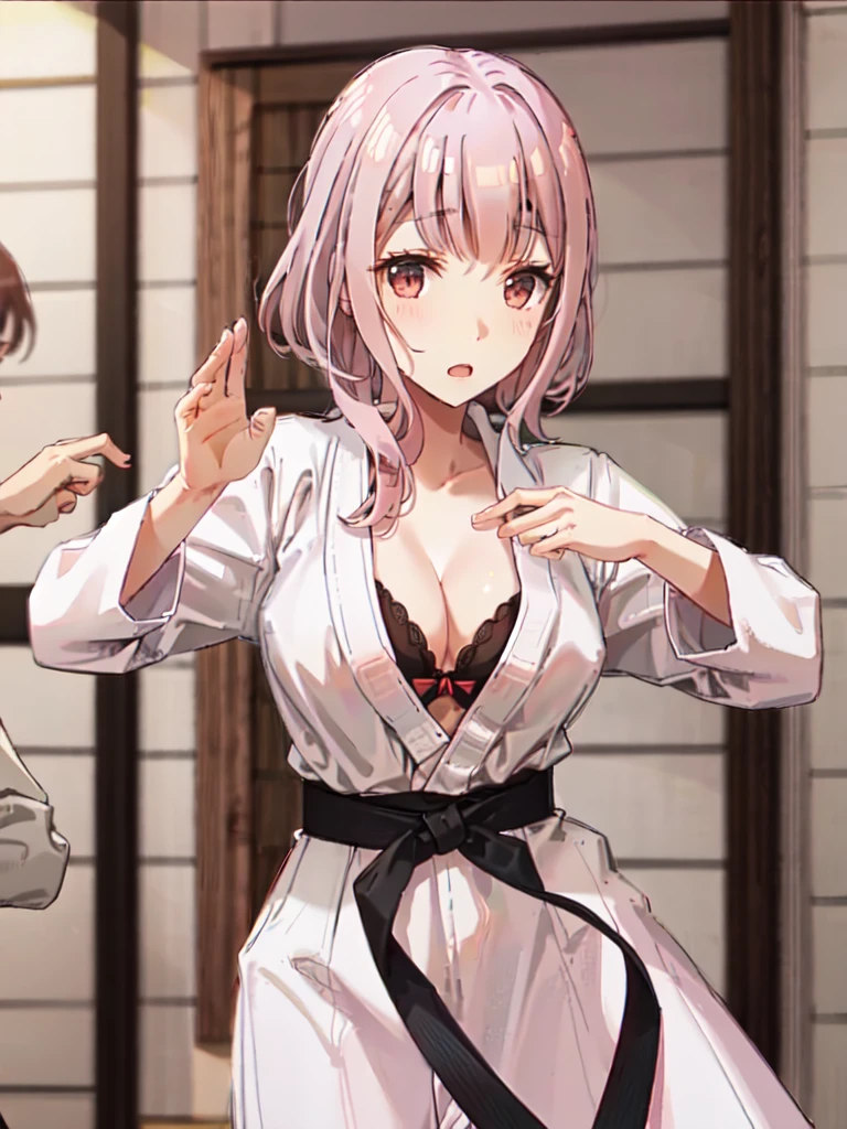 karate、bangs bangs、セミロングヘアー、Bangs、dojo、The gi is 、are fighting、The  is fluttering、 is slightly visible、I can see the 、I can see your 、I can see the side、Pink Hair、Medium Hair、Black ribbon