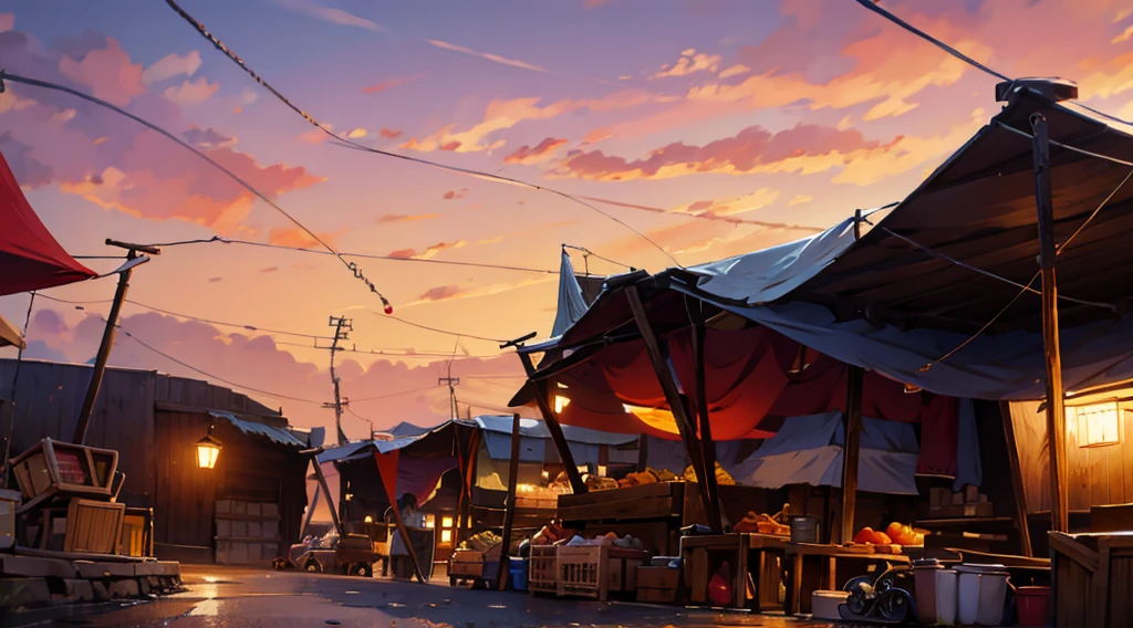 traditional market, market tents, (they sell meats, bones, vegeatbles, fruits, food), wooden table, wooden boxes, wooden basket, string, Street lamp, dawn sky, early morning, dark morning,