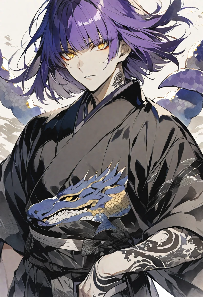 solo,handsome, monotone,Watercolor,
1. male,
bangs,Straight Hair,Bob Hair,
purple hair, Gojo Satoru,
yellow Eyes,doragon tattoo,
Black kimono,Japanese Pattern,
skin,Silver Accessories,doragon,
White background,