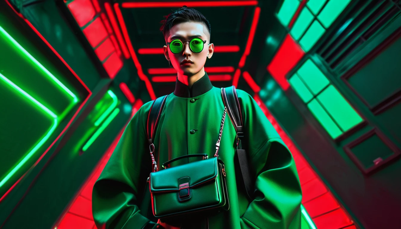 Red and green cyberpunk background,Neon,,Red and dark green national trend style,male,Standing,Chinese clothing,Carrying a handbag,With round black glasses,Face details at its all,Wide-angle shooting,High Definition Rendering