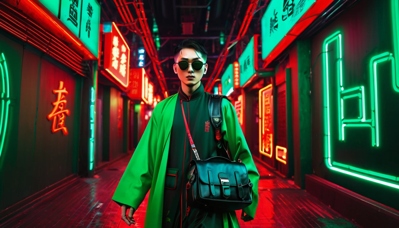 Red and green cyberpunk background,Neon,,Red and dark green national trend style,male,Standing,Chinese clothing,Carrying a handbag,With round black glasses,Face details at its all,Wide-angle shooting,High Definition Rendering