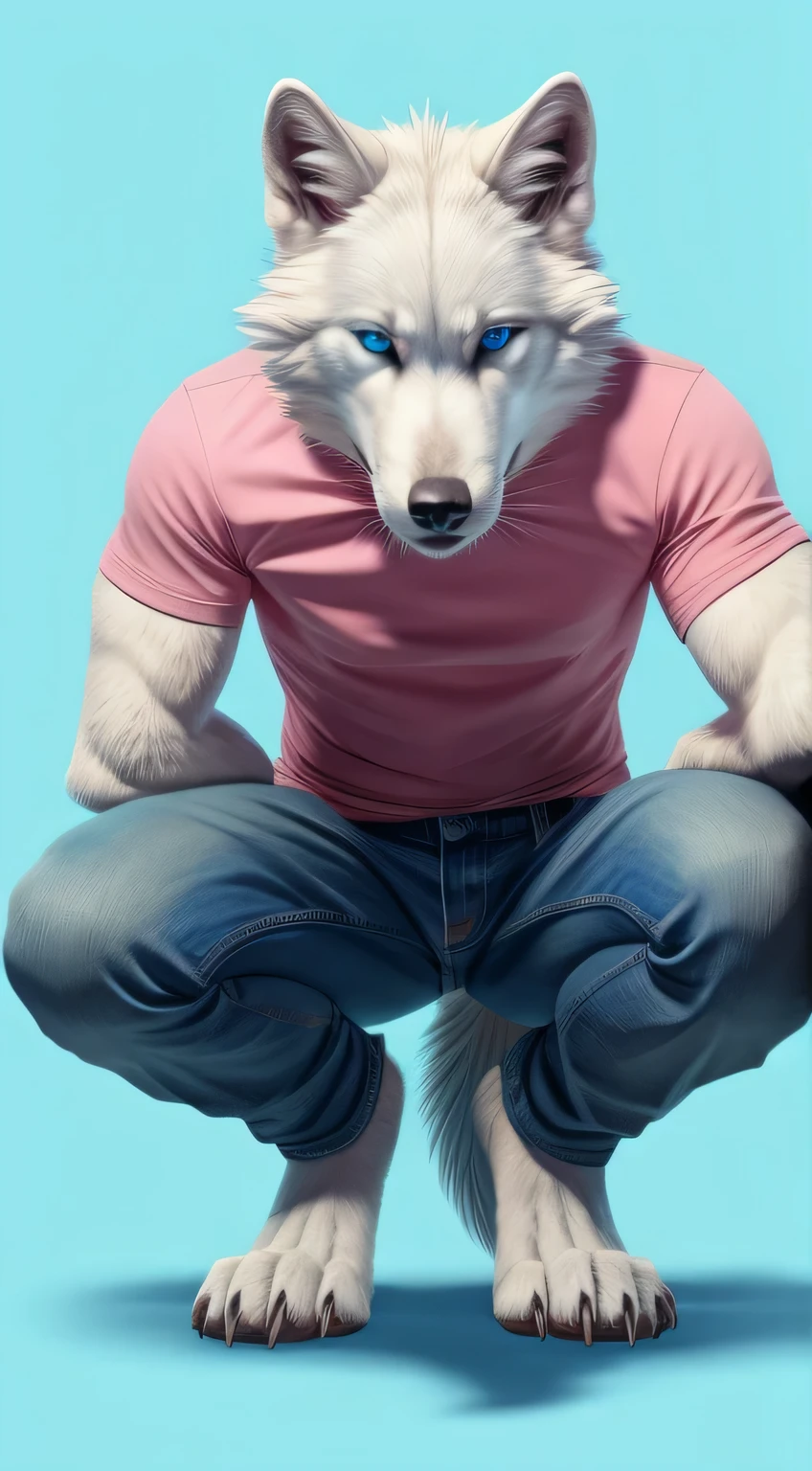 Perspective from below white wolf male furry legs apart looking down blue background squatting blue eyes serious look claws on knees jeans and pink shirts