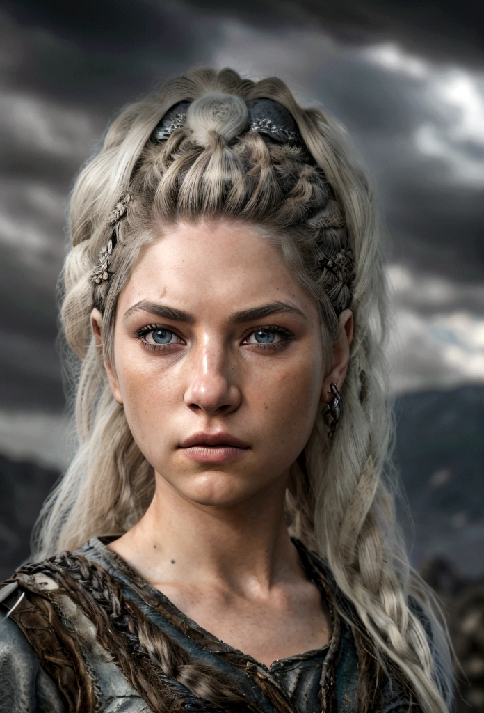 A realistic image for a photograph of a Targaryen princess in the appearance of a Targaryen warrior. Her body is incredibly defined, muscular, and feminine, reflecting both strength and grace. Her white hair cascades in multiple braids, adorned with intricate details. Her clear violet eyes emit a radiant energy, giving her an almost otherworldly aura. Her thick and precisely shaped eyebrows frame her striking and perfectly symmetrical face. The teenage girl of classic Valyrian appearance, with white hair, purple eyes and slim build, with violet eyes. Her expression is one of solemn determination, reflecting her preparation for battle. In the background, An active volcano spews fiery plumes, Its molten intensity contrasting with the gray sky above. The camera chosen captures the warrior's entire body, showing both her warrior stance and her inherent elegance. The image conveys the perfect mix of beauty, strength, and ferocity that defines this Targaryen warrior. The contrast between his delicate features and his robust physique, combined with the fiery backdrop, creates an image that is both captivating and evocative, Cinematic, Hyper Detailed, Crazy Details, Beautifully Colored, Unreal Engine, DOF, Super Resolution, Mega Pixel , cinematic Lightning, Antialiasing, FKA, TXAA, RTX, SSAO, Post-processing, Post-production, Tone mapping, cgi, visual effects, sound effects, Incredibly detailed and intricate, Hyper maximalist, Hyper realistic, volumetric, Photorealistic, ultra photoreal , ultra detailed, intricate details, super detailed, full color, volumetric lightning, HDR, realistic, Unreal Engine, 16k, sharp focus, octane rendering