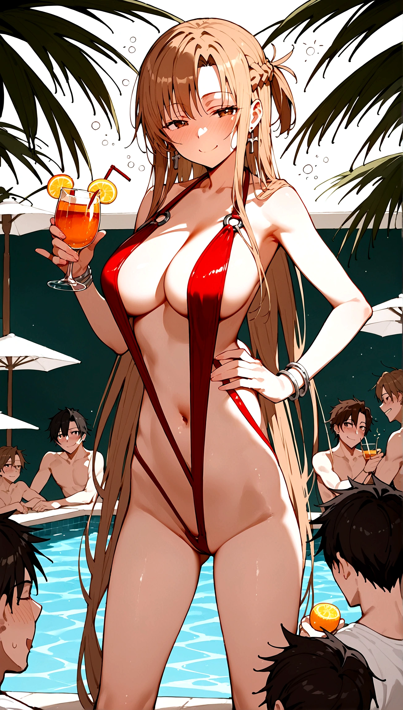 score_9,score_8_up,score_7_up,18 year old,female focus,1girl,asuna \(sao-alo\), sword art online,yuuki asuna,nsfw,brown eyes, brown hair, long hair, bangs, braid,standing,legs up,hand on hip, holding cup,drunk-smirk,blush,large breasts,brown hair,parted hair,long hair,red Slingshot swimsuit,plunging neckline,center opening,cleavage,navel,earrings,bracelet,pool-party ,multiple-black people,surrounding by 5 strong boys(male harem)