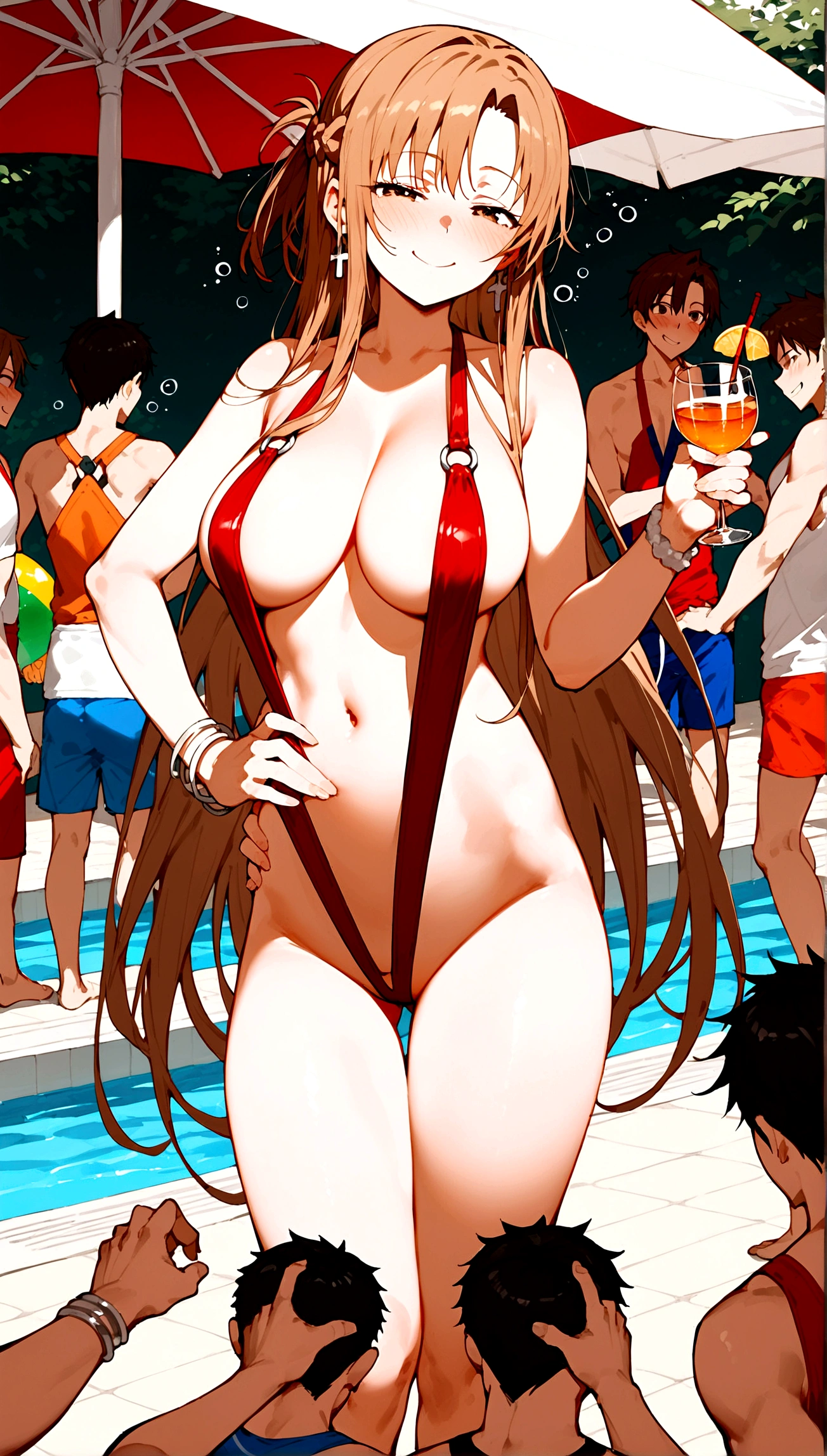 score_9,score_8_up,score_7_up,18 year old,female focus,1girl,asuna \(sao-alo\), sword art online,yuuki asuna,nsfw,brown eyes, brown hair, long hair, bangs, braid,standing,legs up,hand on hip, holding cup,drunk-smirk,blush,large breasts,brown hair,parted hair,long hair,red Slingshot swimsuit,plunging neckline,center opening,cleavage,navel,earrings,bracelet,pool-party ,multiple-black people,surrounding by 5 strong boys(male harem)