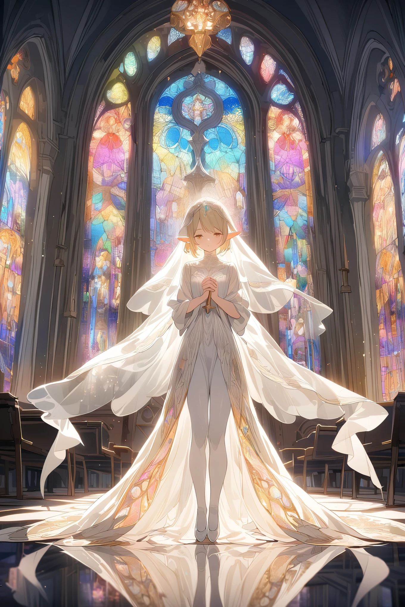 1girl ,20s,light blonde hair,short hair,white high heels,white pantyhose,pointy ears,church, stained glass, in a glowing dress, fantastical, illuminated, serene, majestic, colorful, reflective, ethereal, spiritual, tranquil, vibrant, intricate, patterned, ornate, mystical, elegant, shimmering, radiant, graceful, peaceful, historic, sacred, artistic, dreamy, whimsical, solemn, enchanting, divine,Wedding veil, holding a crucifix with both hands