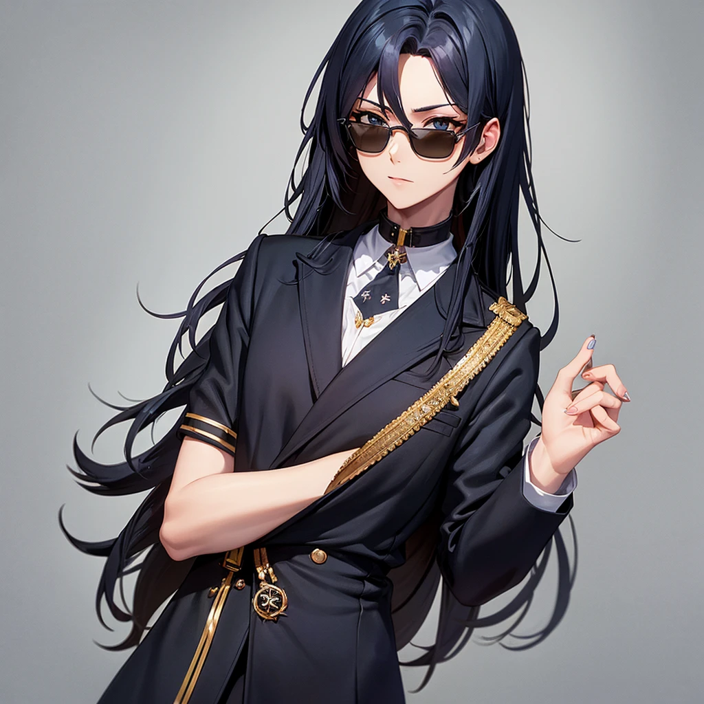 a tall skinny boy with very long dark blue hair, wearing a black suit, black choker, orange round sunglasses, 8k, high quality, masterpiece
