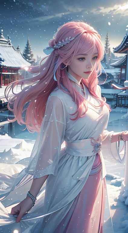 Works of masters,Best image quality,Ultra-high resolution,8K resolution,first person perspective,s the perfect face,Glowing skin,Exquisite facial features,solo person,FEMALES,ssmile,long whitr hair,Pink hair,crossed bangs,Wave head,Bracelet,Collar,during,Hanfu,snowflower,Winters,temple,New Year,Opal rendering,Cinematic lighting,Winter snow method