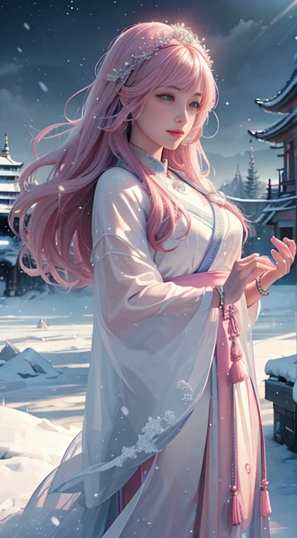 Works of masters，Best image quality，Ultra-high resolution，8K resolution，first person perspective，s the perfect face，Glowing skin，Exquisite facial features，solo person，FEMALES，ssmile，long whitr hair，Pink hair，crossed bangs，Wave head，Bracelet，Collar，during，Hanfu，snowflower，Winters，temple，New Year，Opal rendering，Cinematic lighting，Winter snow method