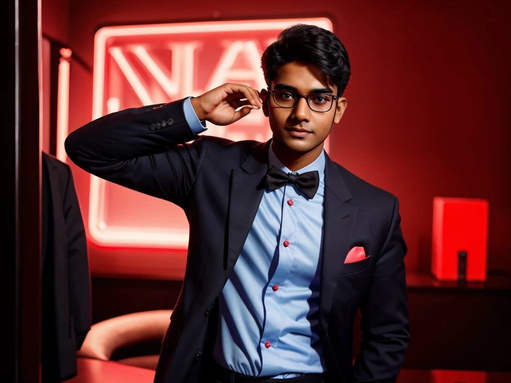 21 year old indian boy With fair skin Wearing spectacles and narrow body Posing for a linkedin picture in formals red light in background