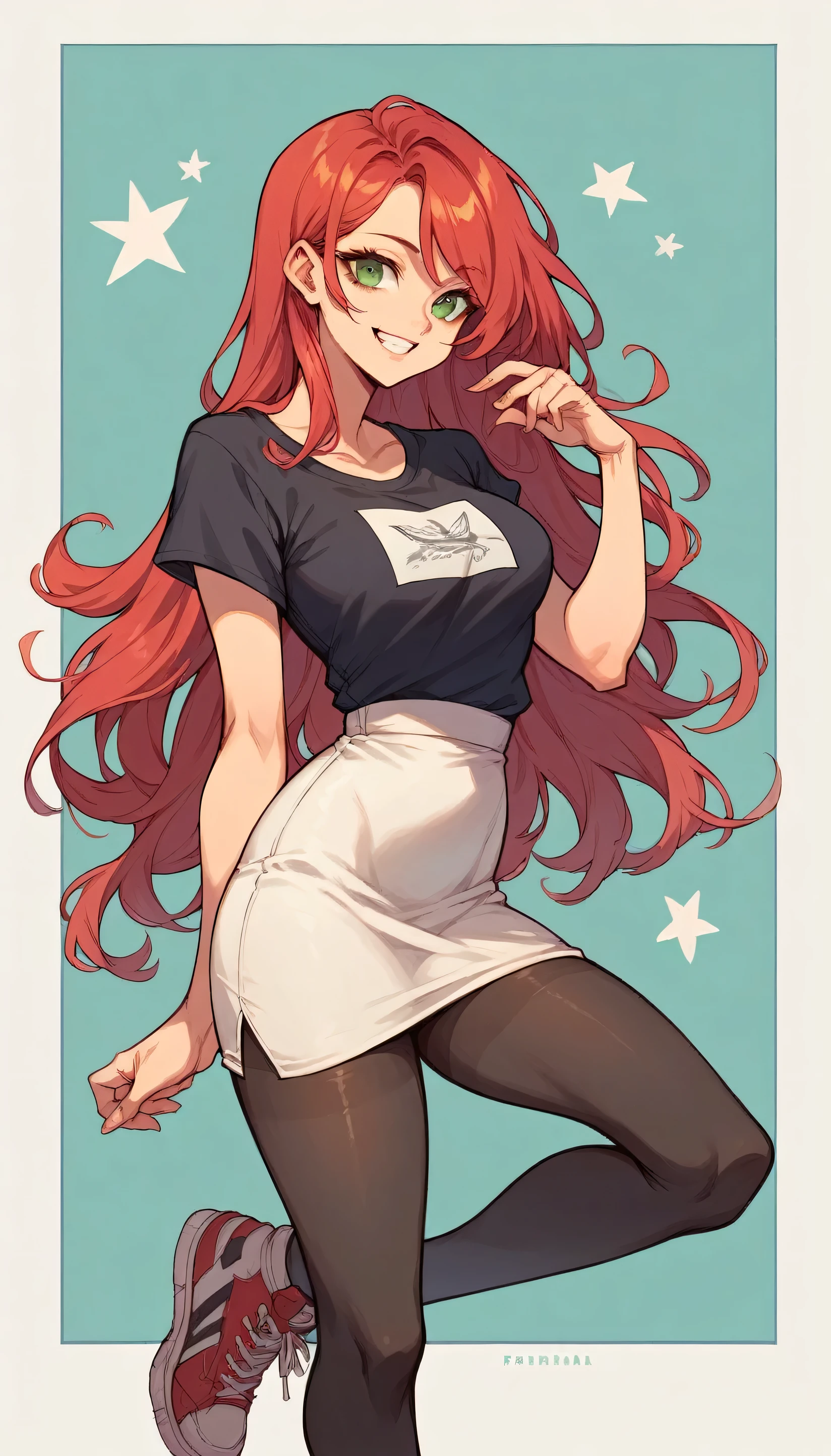 with red hair and green eyes, dressed in a white skirt and black t-shirt, with black tights and sneakers that highlight her hips and chest, long hair, a smile and a sexy pose