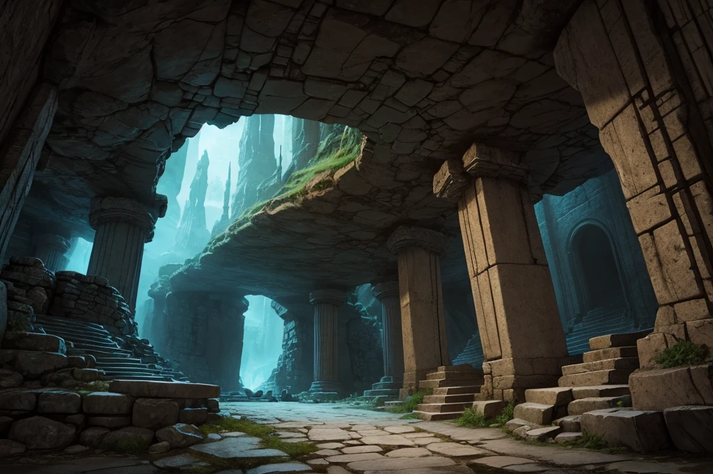 an underground city carved into the stones (digital art, fantasy art, RPG art)