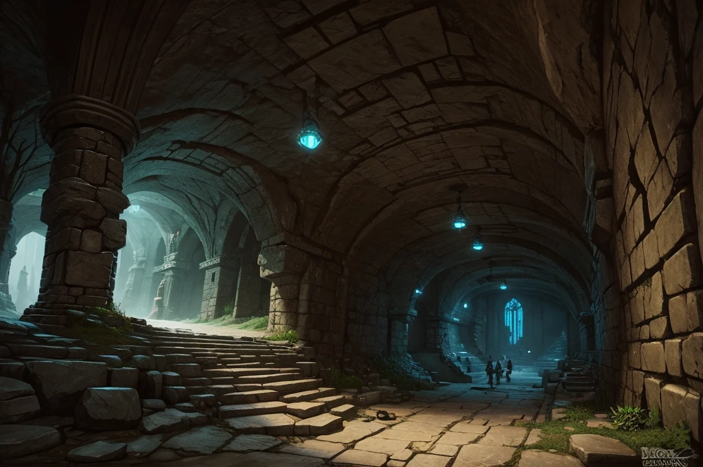 an underground city carved into the stones (digital art, fantasy art, RPG art)