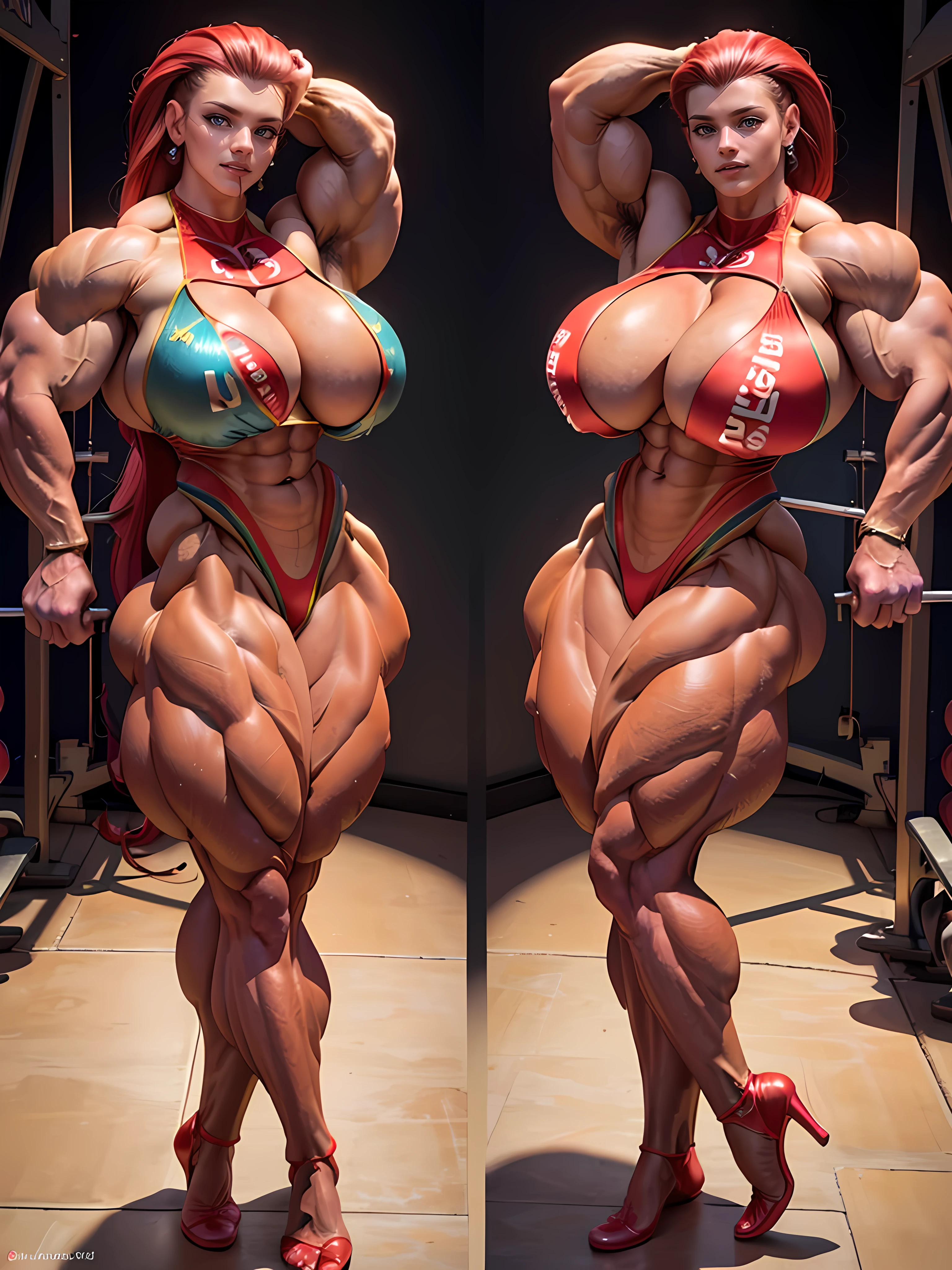 masterpiece, highres, gorgeous girl in sexy standing, ((hair slicked back, long hair)), ((Full Body)), (((Massive Female Bodybuilder:1.5))), ((wide hips)), (slim waist), (((wide shoulders))), large blue eyes, red lip gloss, perfect body, (((Huge breasts:1.2))), ((Long Legs:1.3)), ((Perfect Anatomy)),