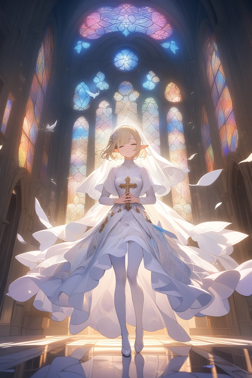 1girl ,20s,light blonde hair,short hair,white high heels,white pantyhose,pointy ears,church, stained glass, in a glowing dress, fantastical, illuminated, serene, majestic, colorful, reflective, ethereal, spiritual, tranquil, vibrant, intricate, patterned, ornate, mystical, elegant, shimmering, radiant, graceful, peaceful, historic, sacred, artistic, dreamy, whimsical, solemn, enchanting, divine,Wedding veil, holding a crucifix with both hands