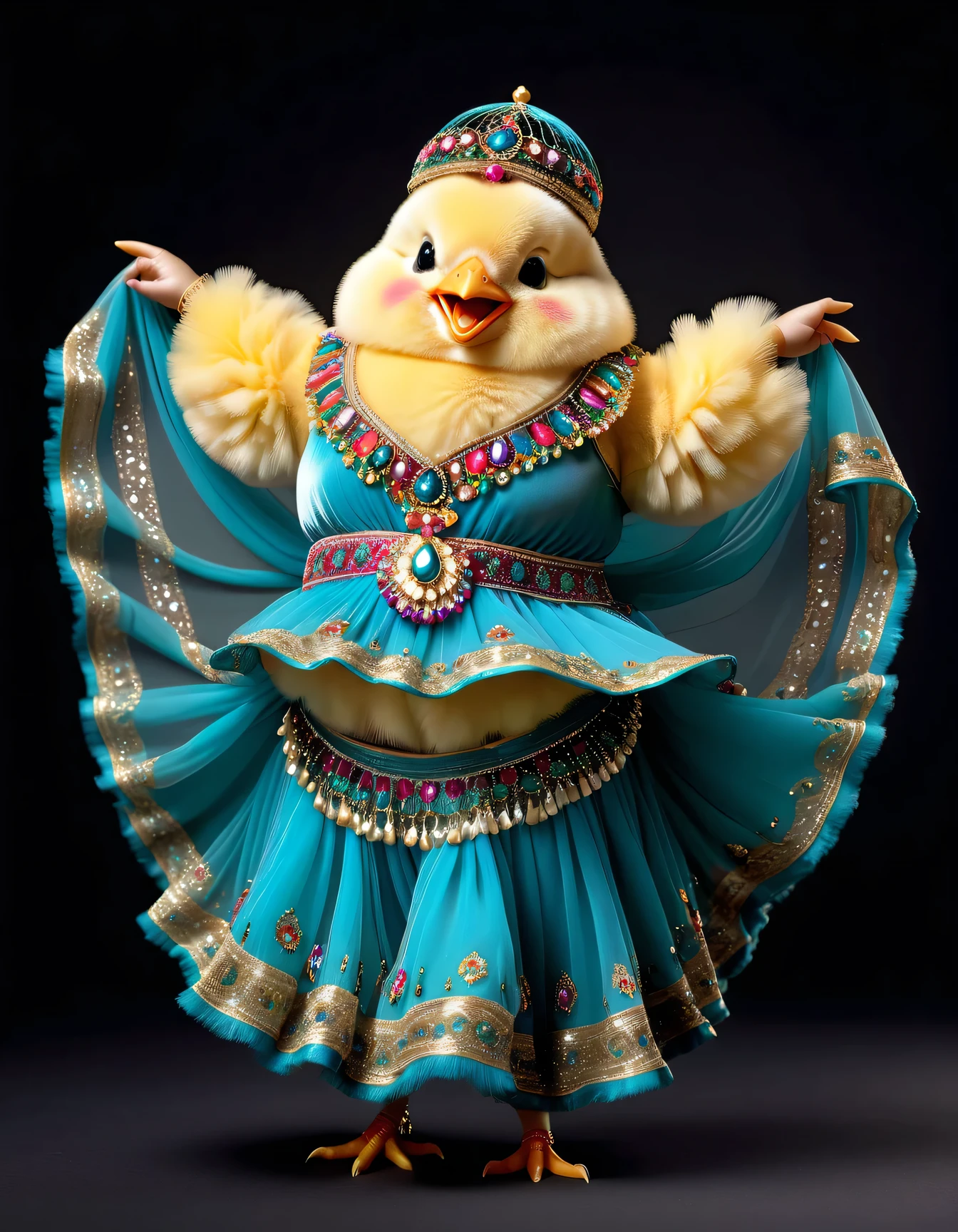 photorealistic portrait of Dressed animals - a ((fat)) (()) dancer,(furry), (dynamic dancing:2.0), (swinging arms :2.0),(happy smile:1.2),high quality,(happy),(lovely) ,intricate details, (sheer veil), highly detailed (( gypsy belly dancing clothes)) ,highly detailed decorations of clothes, Wearing gypsy belly dancing clothes, , (happy), studio lighting,(full body image:1.5),simple background,(viewed from side:2.0),