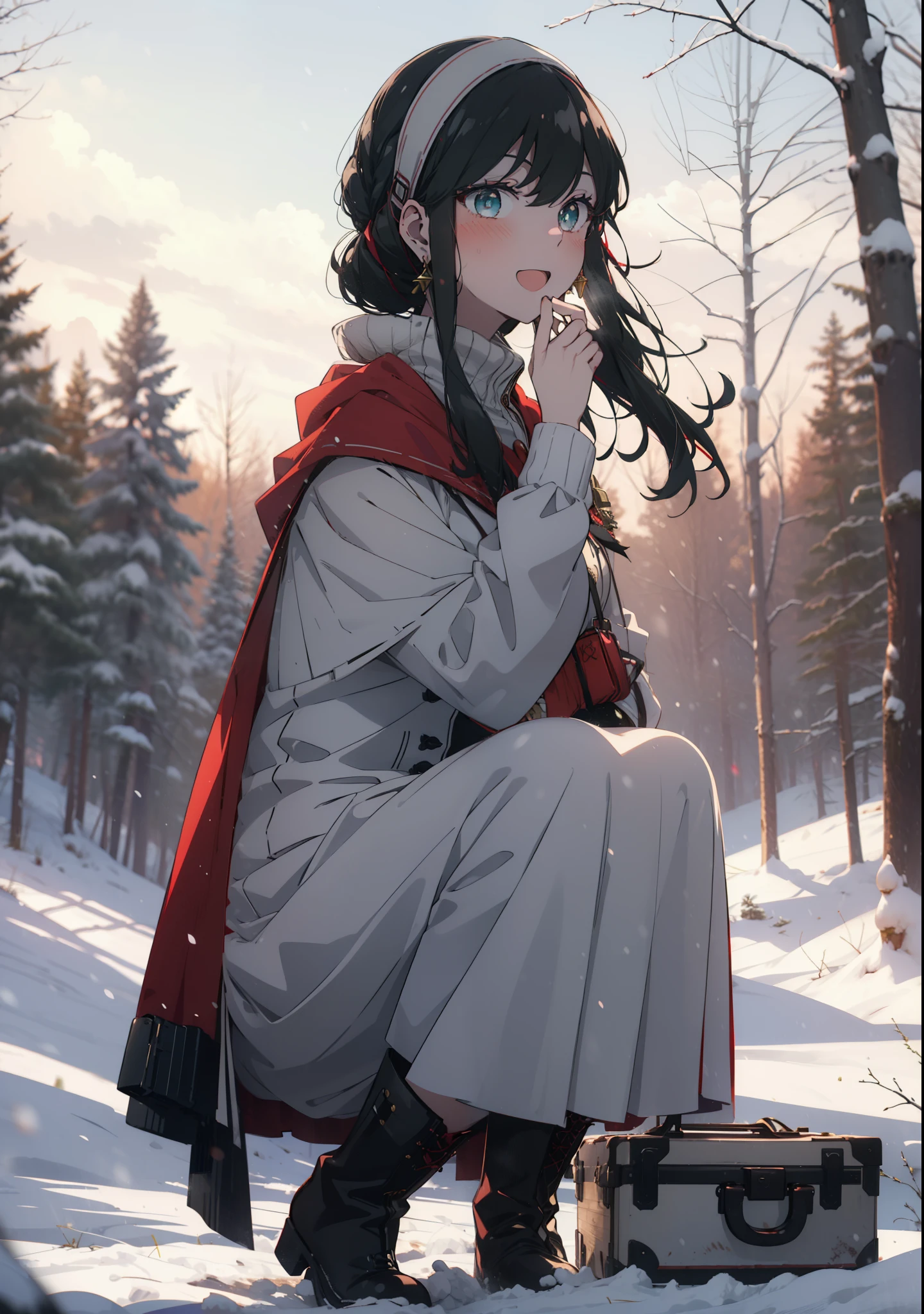 Your thorns, One Girl, blush, Black Hair,Red eyes, hair band, jewelry, Earrings, happy smile, smile, Open your mouth,
Open your mouth,snow,Ground bonfire, Outdoor, boots, snowing, From the side, wood, suitcase, Cape, Blurred, Eat food, forest, White handbag, nature,  Squat, Mouth closed, フードed Cape, winter, Written boundary depth, Black shoes, red Cape break looking at viewer, Upper Body, whole body, break Outdoor, forest, nature, break (masterpiece:1.2), Highest quality, High resolution, unity 8k wallpaper, (shape:0.8), (Beautiful and beautiful eyes:1.6), Highly detailed face, Perfect lighting, Highly detailed CG, (Perfect hands, Perfect Anatomy),