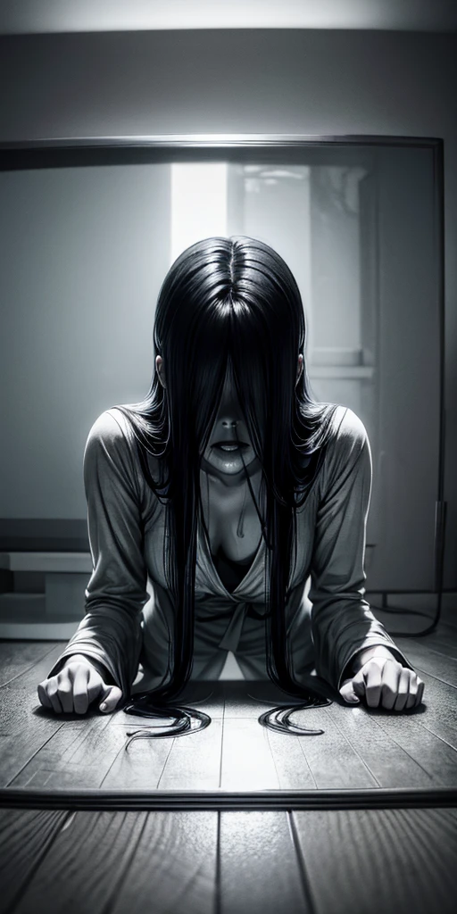 Sadako, soaking, wet robe, gray colored skin, Hair covers the face, sexy for.Sadako crawled out of the TV,A woman lying on the floor in front of the TV, japanese horror, style of hajime isayama, japanese horror movie footage, Junji Ito 4K, japanese pop surrealism, Low Key Lighting, Underexpose Lighting