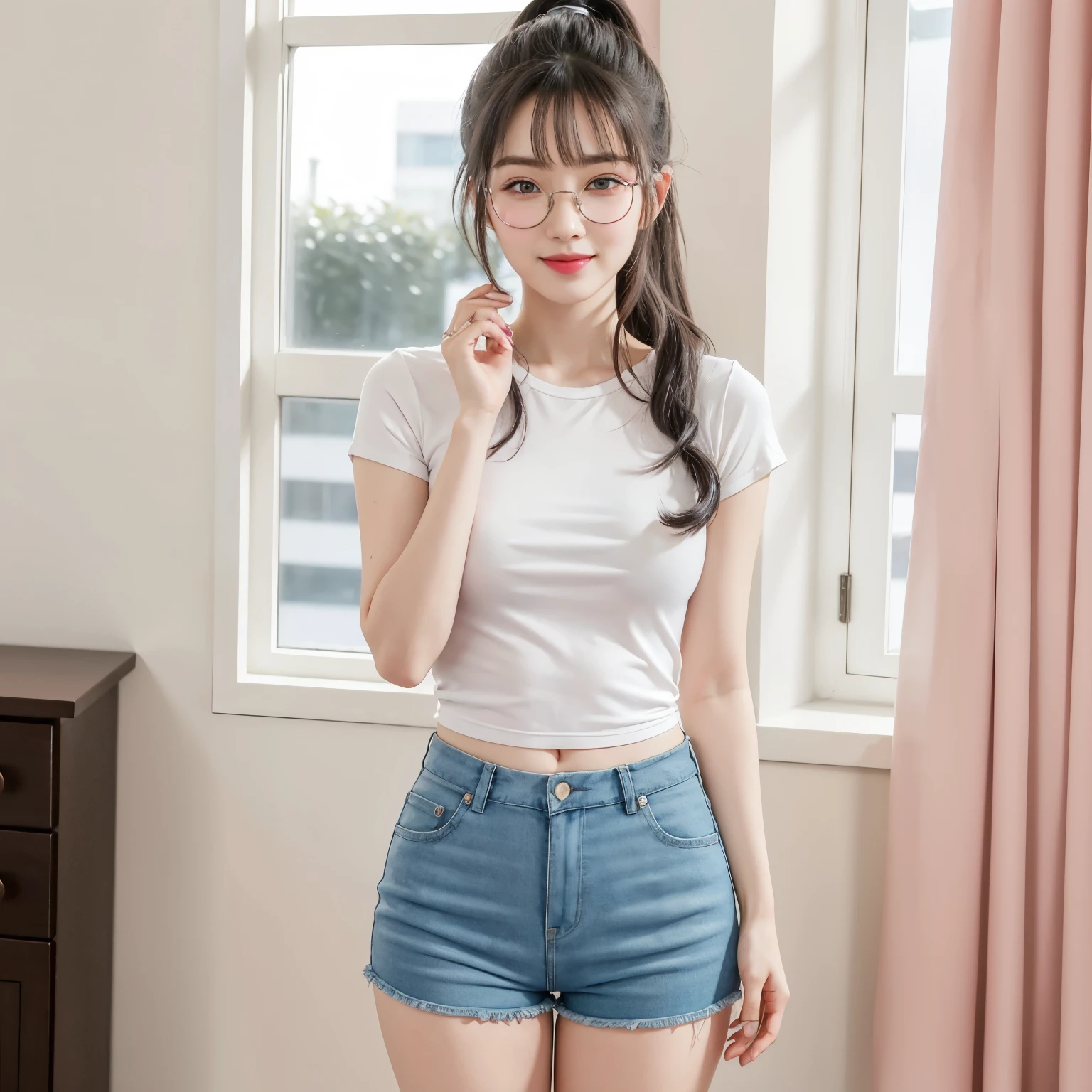 ((Best quality, masterpiece, detailed)), ((RAW, 4k, hd images)), shy, 1 girl, , white skin, long hair, ponytail, layers hair, bangs, black hair, beautiful girl, cute girl, sweet girl, pretty girl, perfect girl, pretty eyes, blue eyes, thin lips, thin, (eye line, lip stick pink soft) perfect boobs, glasses(detailed frame), indoors, smile, thigh, blue short pants, white Tshirt, standing