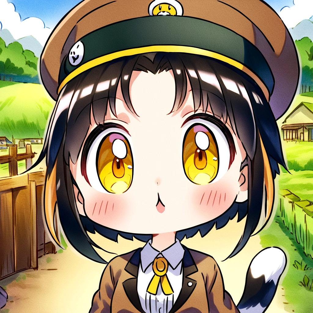 A fuzzy calico cat、Awareness-raising、high resolution、cute cat、anime、Yellow Eyes、Illustration written in colored pencils、Rural Station、Cat wearing a station attendant's hat