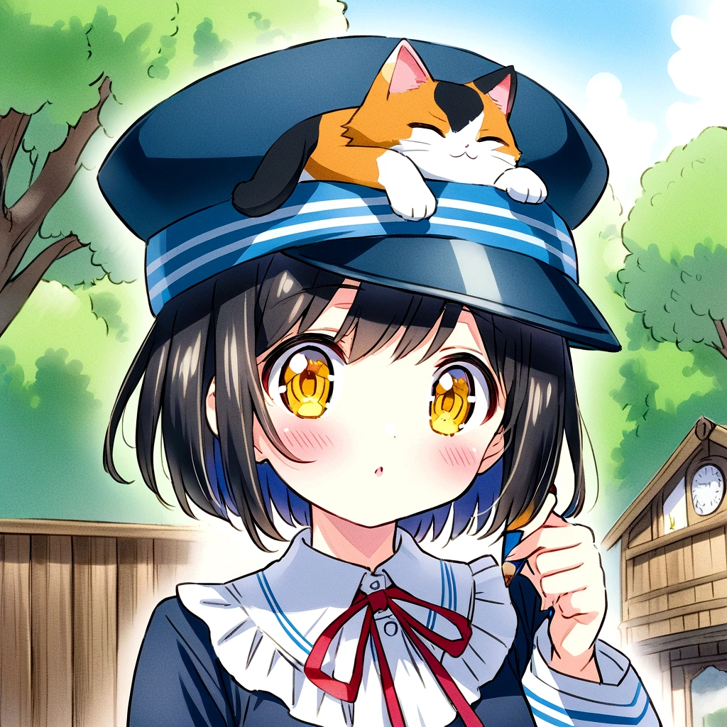 A fuzzy calico cat、Awareness-raising、high resolution、cute cat、anime、Yellow Eyes、Illustration written in colored pencils、Rural Station、Cat wearing a station attendant's hat