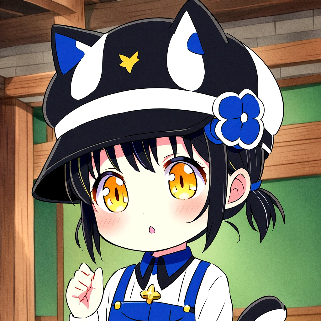 A fuzzy calico cat、Awareness-raising、high resolution、cute cat、anime、Yellow Eyes、Illustration written in colored pencils、Rural Station、Cat wearing a station attendant's hat