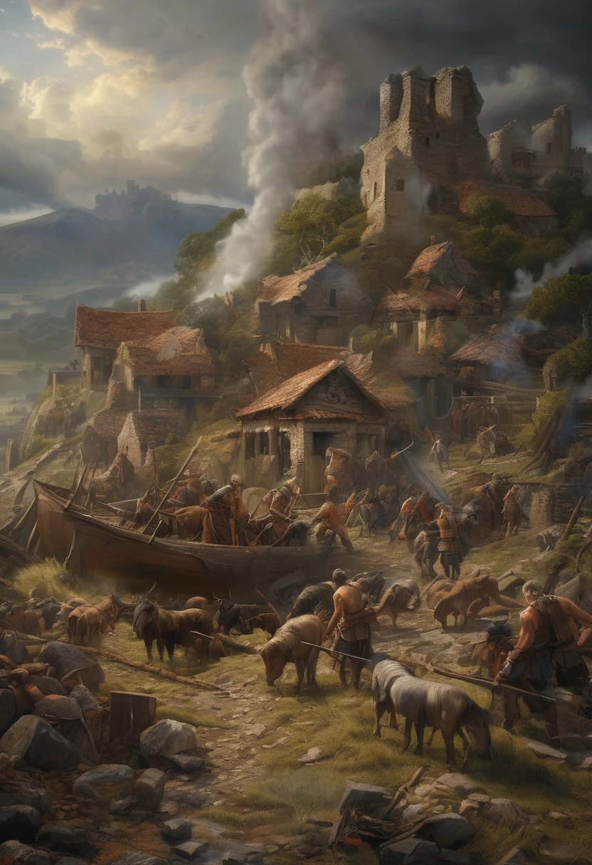 (Award-winning masterpiece:1.5), (incredible detail), (hyper realistic:1.4), (whole body:1.7), (village in ruins), (viking warriors victorious but weary), (brutal creature lying dead), (smoke rising from the remains), (detailed depiction of aftermath), (dramatic lighting), (intricate details:1.1)