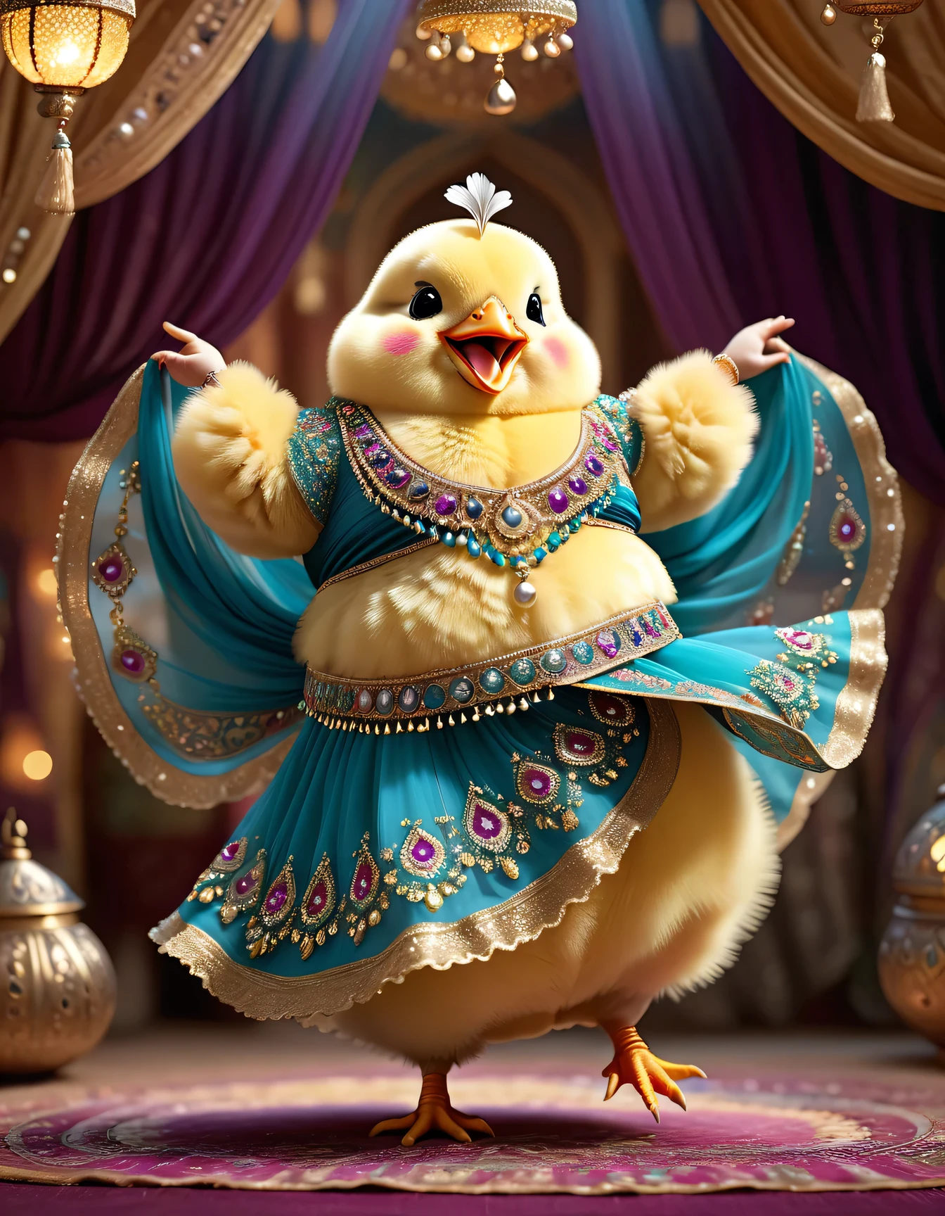 photorealistic portrait of Dressed animals - a ((fat)) ((baby chick)) dancer,(furry), (dynamic dancing:2.0), (swinging arms :2.0),(happy smile:1.2),high quality,(happy),(lovely) ,intricate details, (sheer veil), highly detailed (( gypsy belly dancing clothes)) ,highly detailed decorations of clothes, Wearing gypsy belly dancing clothes, , (happy), soft lighting,(full body image:1.5),Arabian palace background,(viewed from side:2.0),