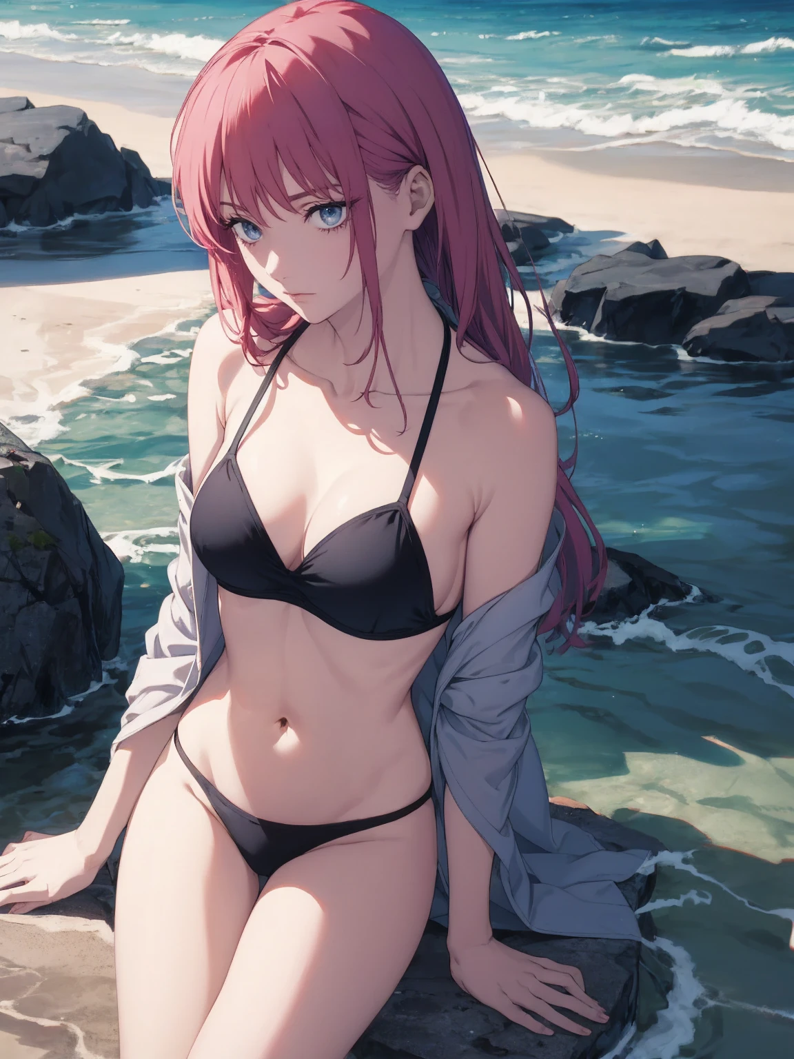 White off-the-shoulder bikini on the beach in Palau（Bikini without shoulder straps、No shoulder strap、Show your shoulders）Surreal Japanese Portraits,Works that influenced Antonio Lopez'technology, Close zipper, Ron Mueck, Richard Estes, Marilyn Minter、Purple and blue gradation eyes enveloped in the mystery of the universe,(String Bikini:1.2)、Perfect lighting, (Perfect hands, Perfect )、whole body（1:2）、that'that'the wind is strong、Excellent style,Complete body balance、Dynamic Acid Pose（1:2）、（16:Specializing in aspect ratio 9）,sunglasses、Stiletto heels
