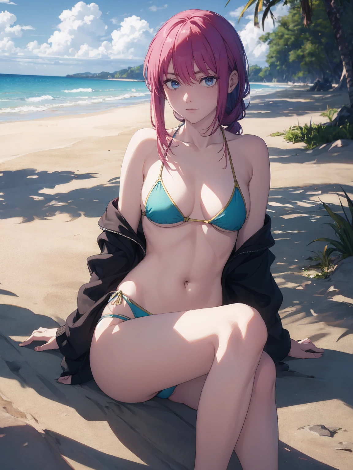 White off-the-shoulder bikini on the beach in Palau（Bikini without shoulder straps、No shoulder strap、Show your shoulders）Surreal Japanese Portraits,Works that influenced Antonio Lopez'technology, Close zipper, Ron Mueck, Richard Estes, Marilyn Minter、Purple and blue gradation eyes enveloped in the mystery of the universe,(String Bikini:1.2)、Perfect lighting, (Perfect hands, Perfect )、whole body（1:2）、that'that'the wind is strong、Excellent style,Complete body balance、Dynamic Acid Pose（1:2）、（16:Specializing in aspect ratio 9）,sunglasses、Stiletto heels
